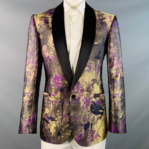 VERSACE Size 44 Black Gold Purple Abstract Silk Blend Shawl Collar Sport Coat - Picture 1 of 10